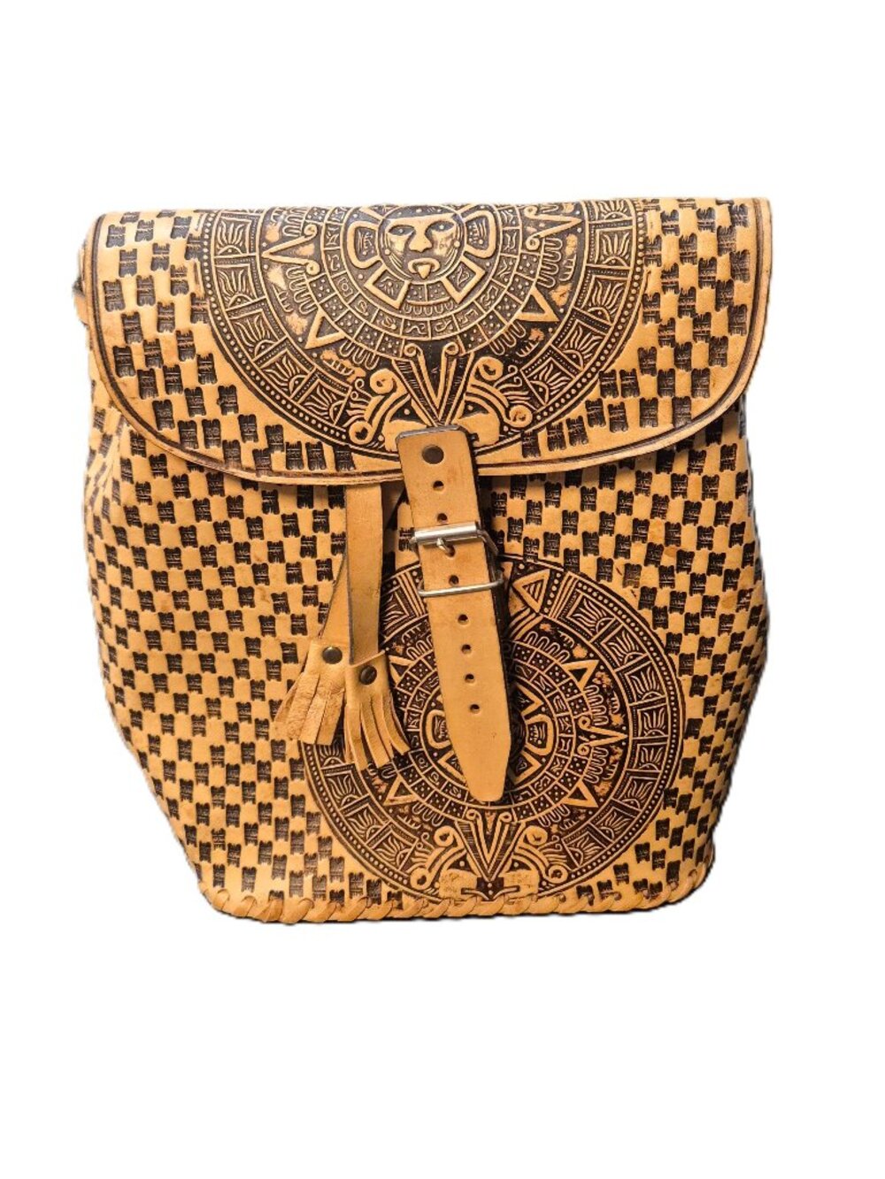 Vintage 1970s Hand-Tooled Leather Mini Backpack Aztec Sun Stone Calendar Daypack